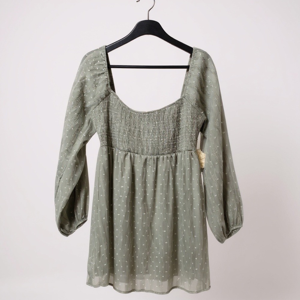 Altar'd State Mini Dress Swiss Dot Sage Green Smocked Long Sleeve NWT‎ Boho L